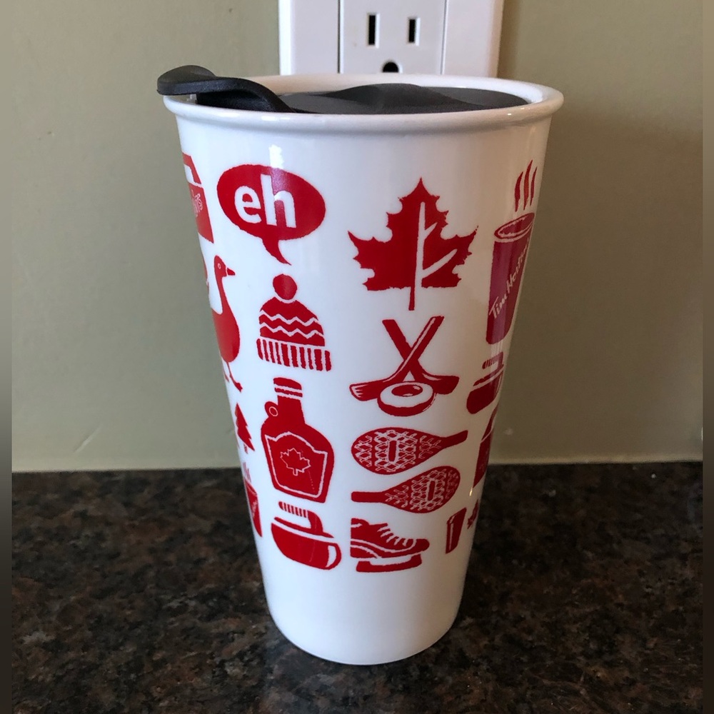 Tim Hortons White and Red Canadian Themed Travel Mug